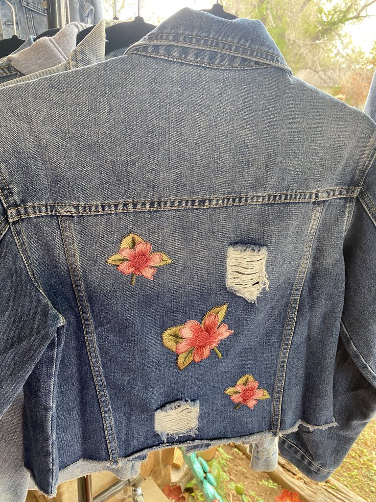 Jean Jacket Distressed w/ Pink & Green Flowers