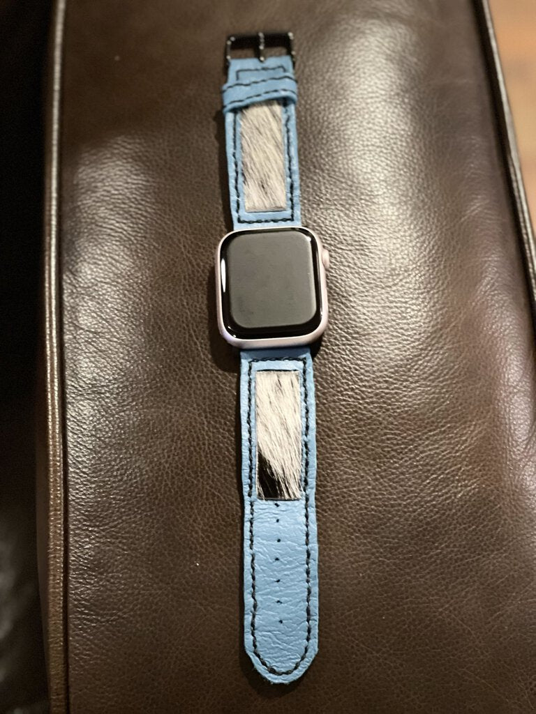 Teal Leather Apple Watch Band with Hair on Hide Inlay