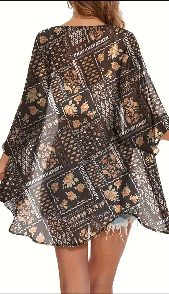 Kimono, Blouse Brown Floral Med