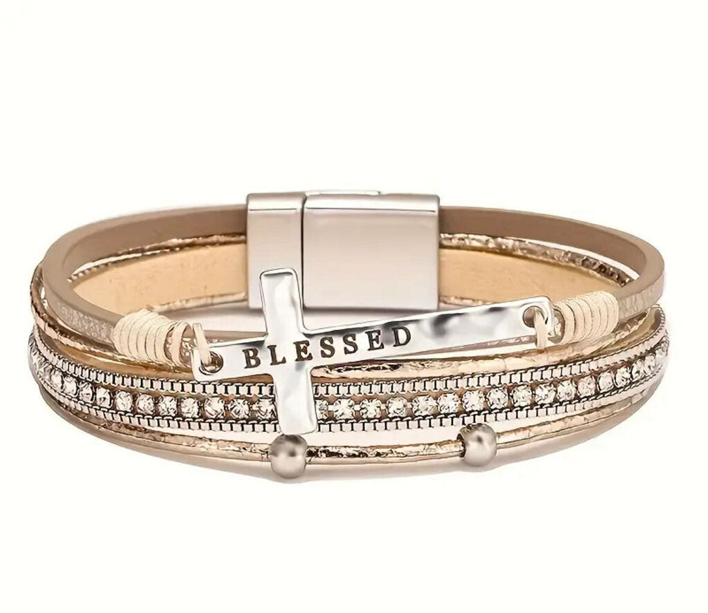 Bracelet, Leather Cross Blessed Khaki