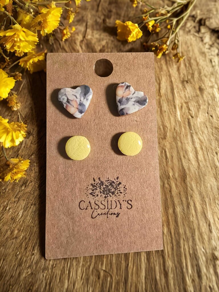 Lemon Heart Studs Yellow Button