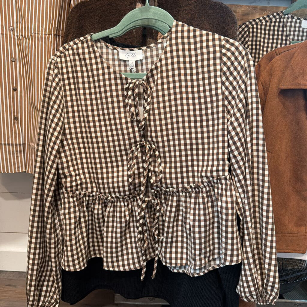 Front Tie Checkered Long Sleeved Top