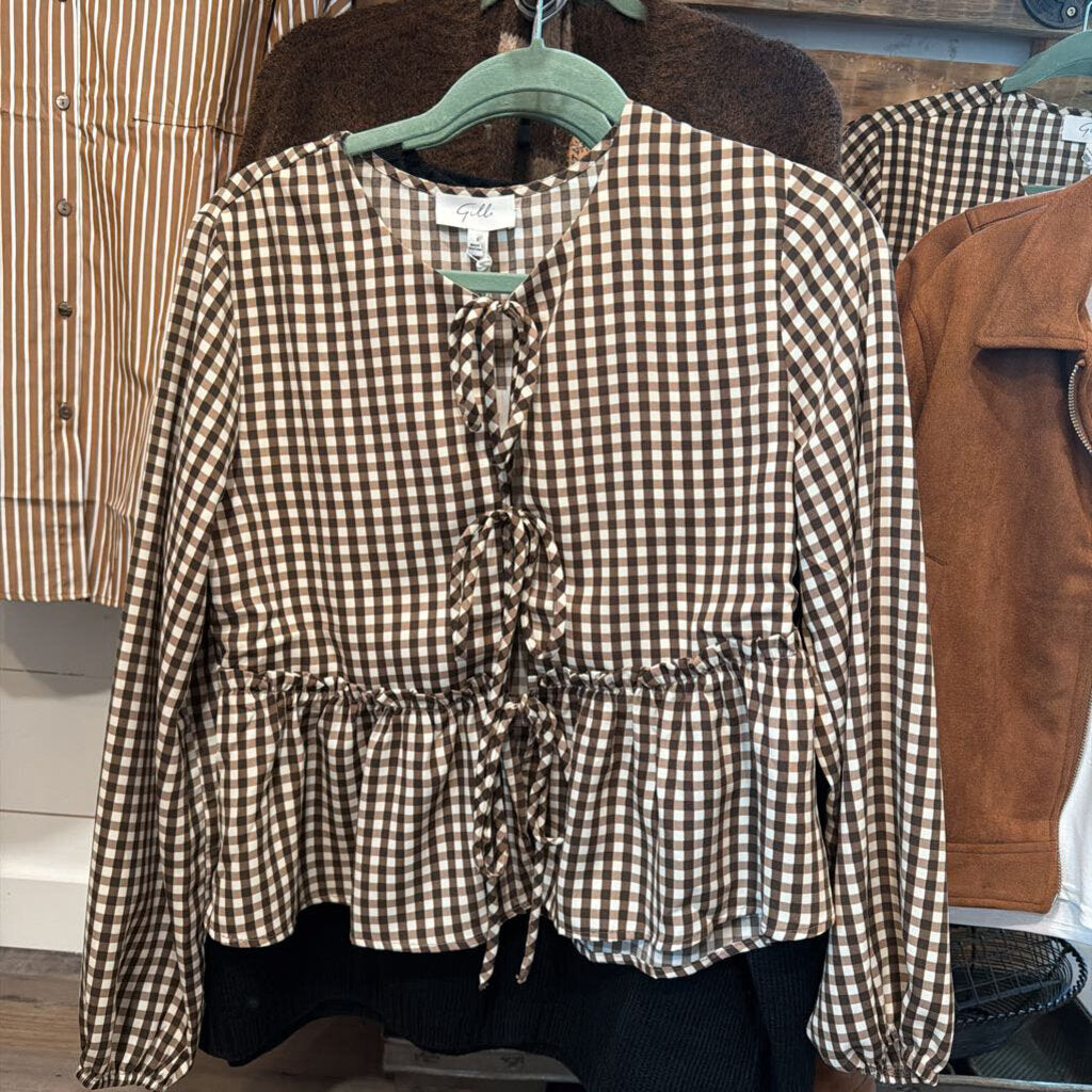 Front Tie Checkered Long Sleeved Top