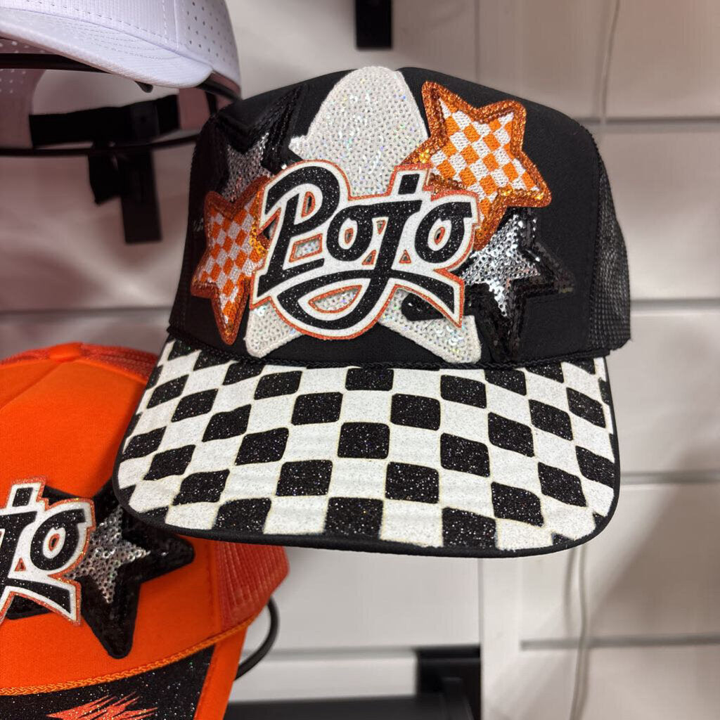 Black OTTO with glitter checkered bill and and big white star w POJO patch and orange checkered stars and sequin stars.