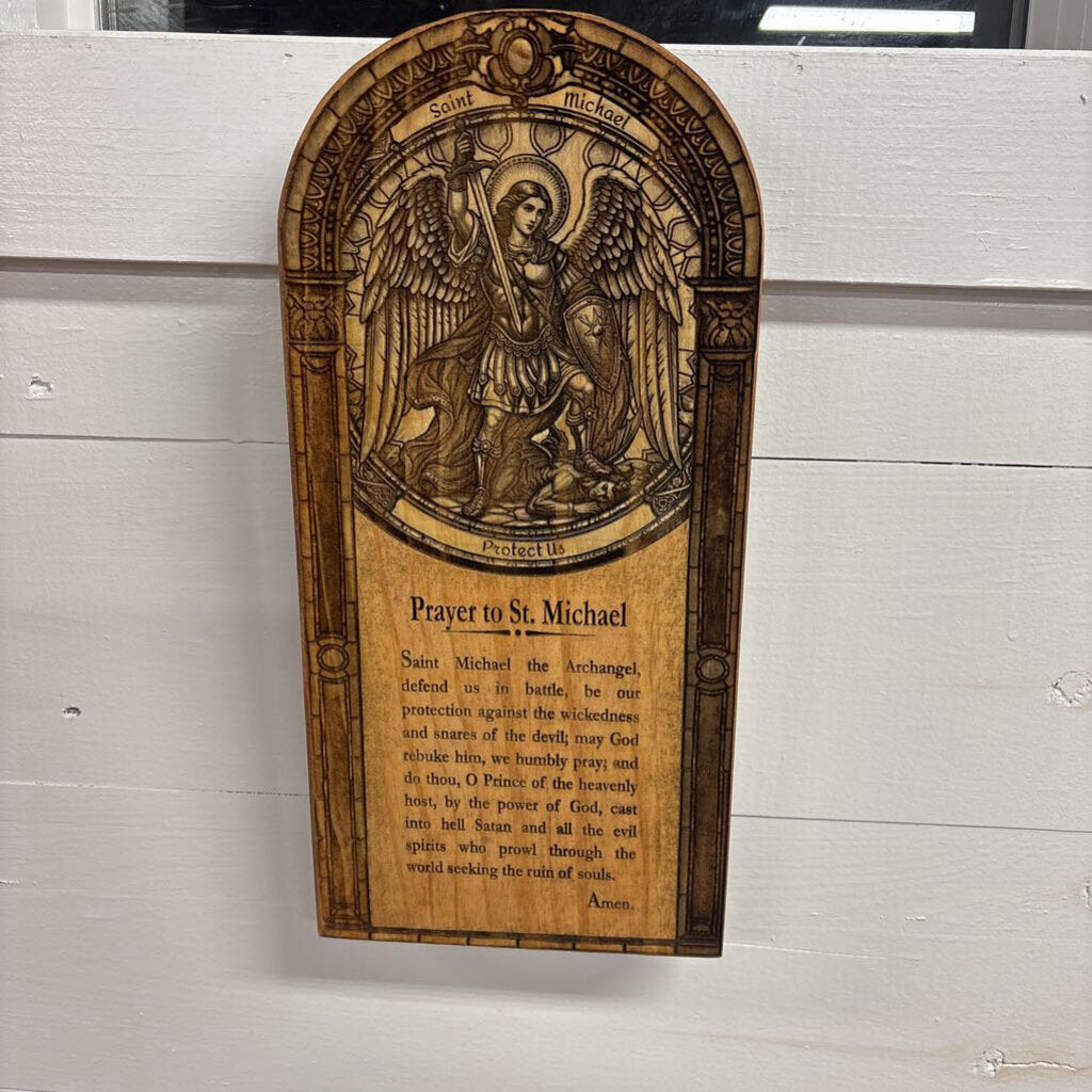St Michael engraved with arched top