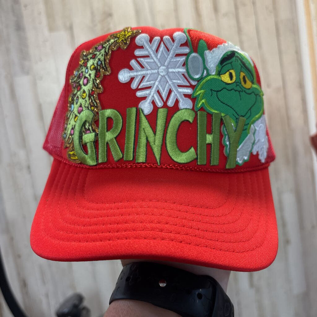 Red OTTO Grinchy hat with Grinchy snowflakes, and Christmas tree