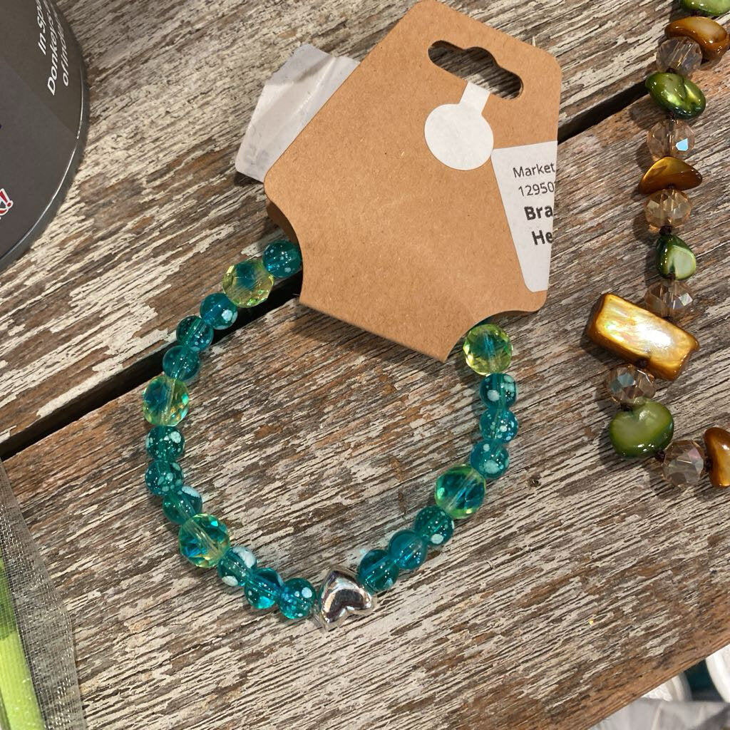 Bracelet, Stretch Green/Blue/Silver Heart