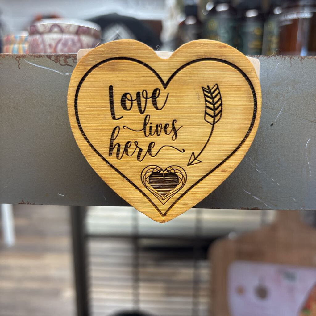Wood engraved magnet/ bottle opener heart love lives here