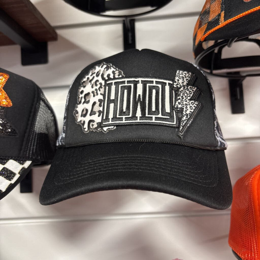 Black and white leopard trucker w Howdy patch and leopard patch and lightning bolt