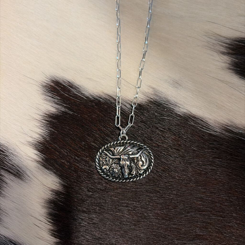 Cow Skull Oval Engraved Necklace