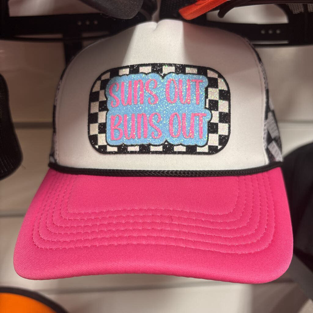 Pink and black checkered trucker w suns out buns out glitter patch