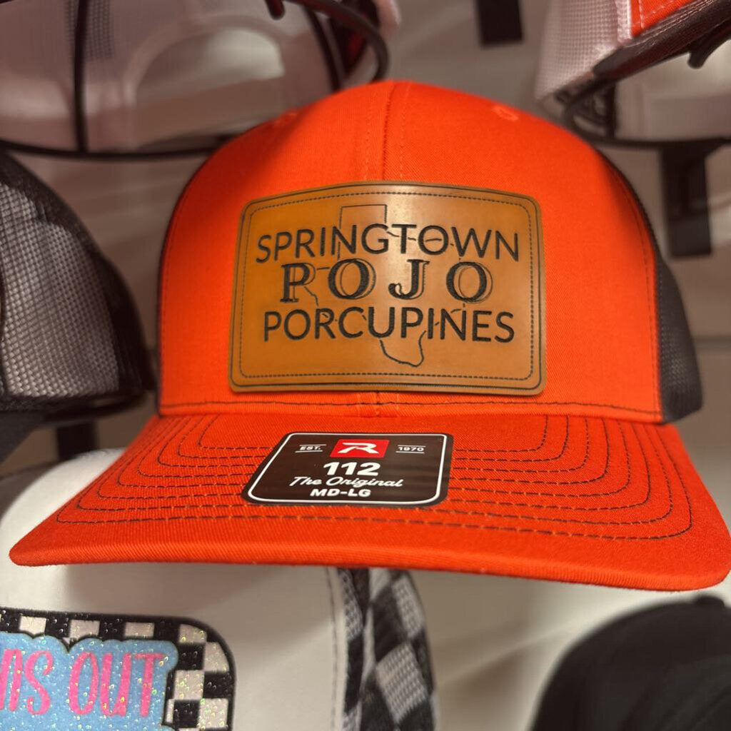 Orange front black back Richardson 112 w leather Springtown Texas Pojo hat.
