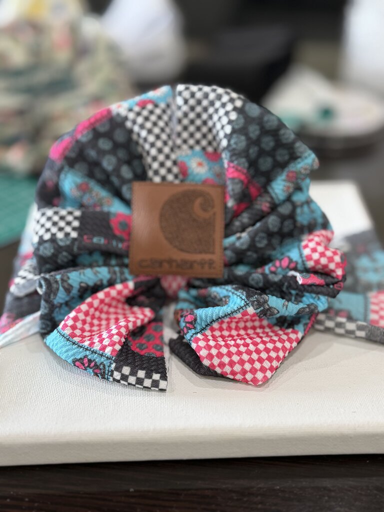 pink blk tuq checkered carhart headwrap with carhart patch