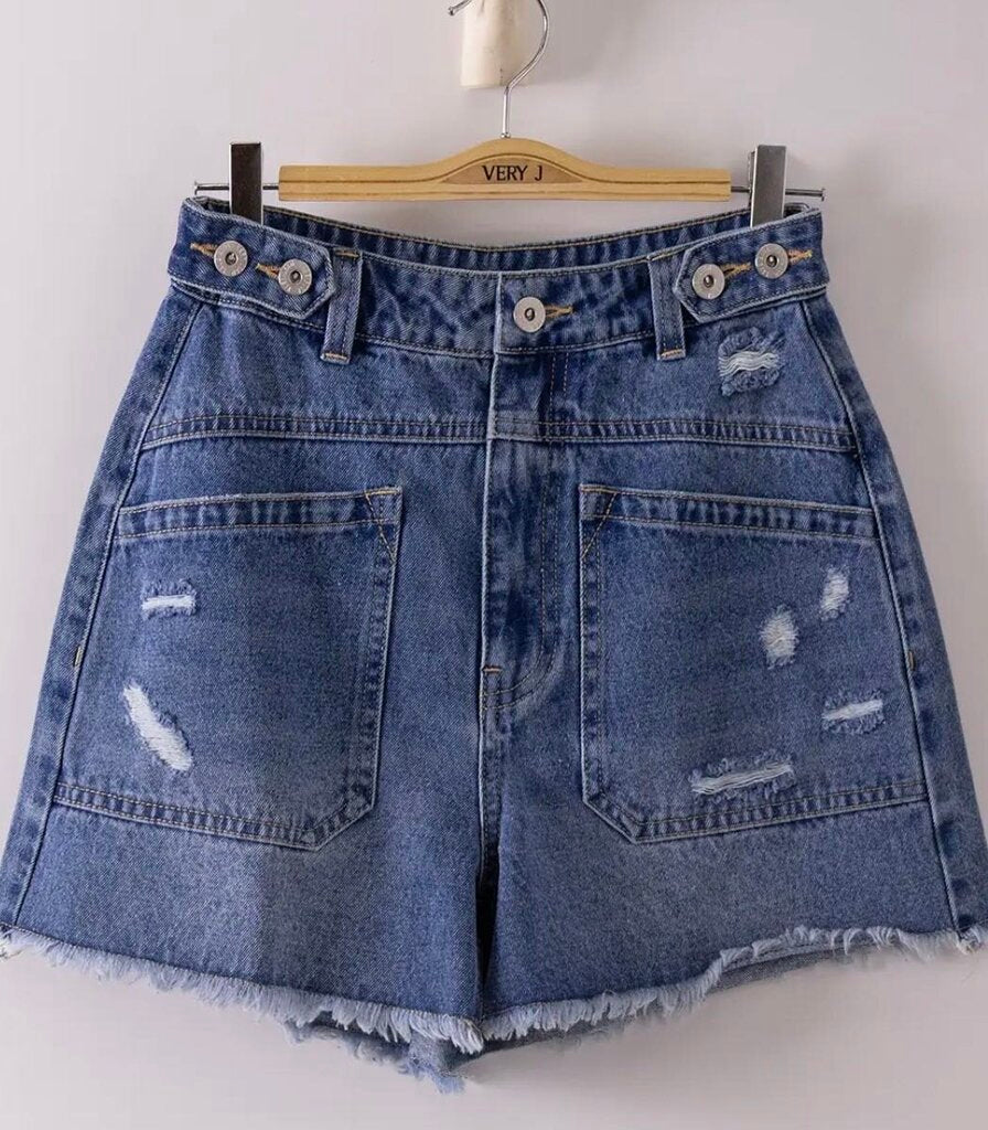 Button Tab Distressed Jean Shorts