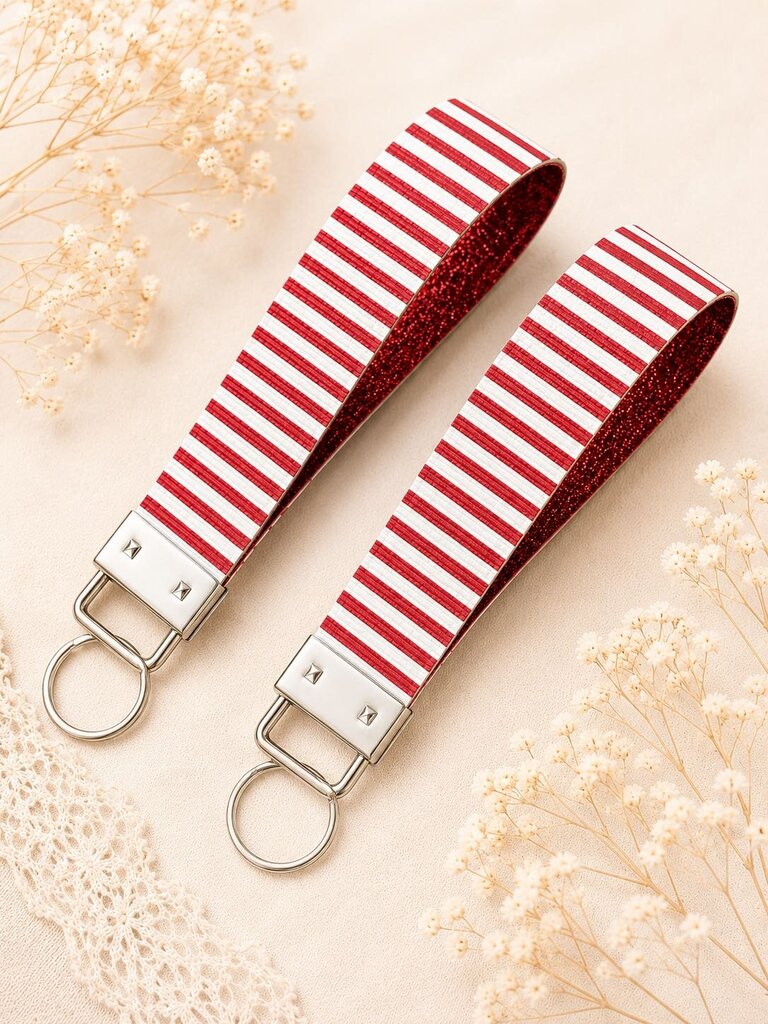 Keychain Fob- Striped Red & White with Glitter