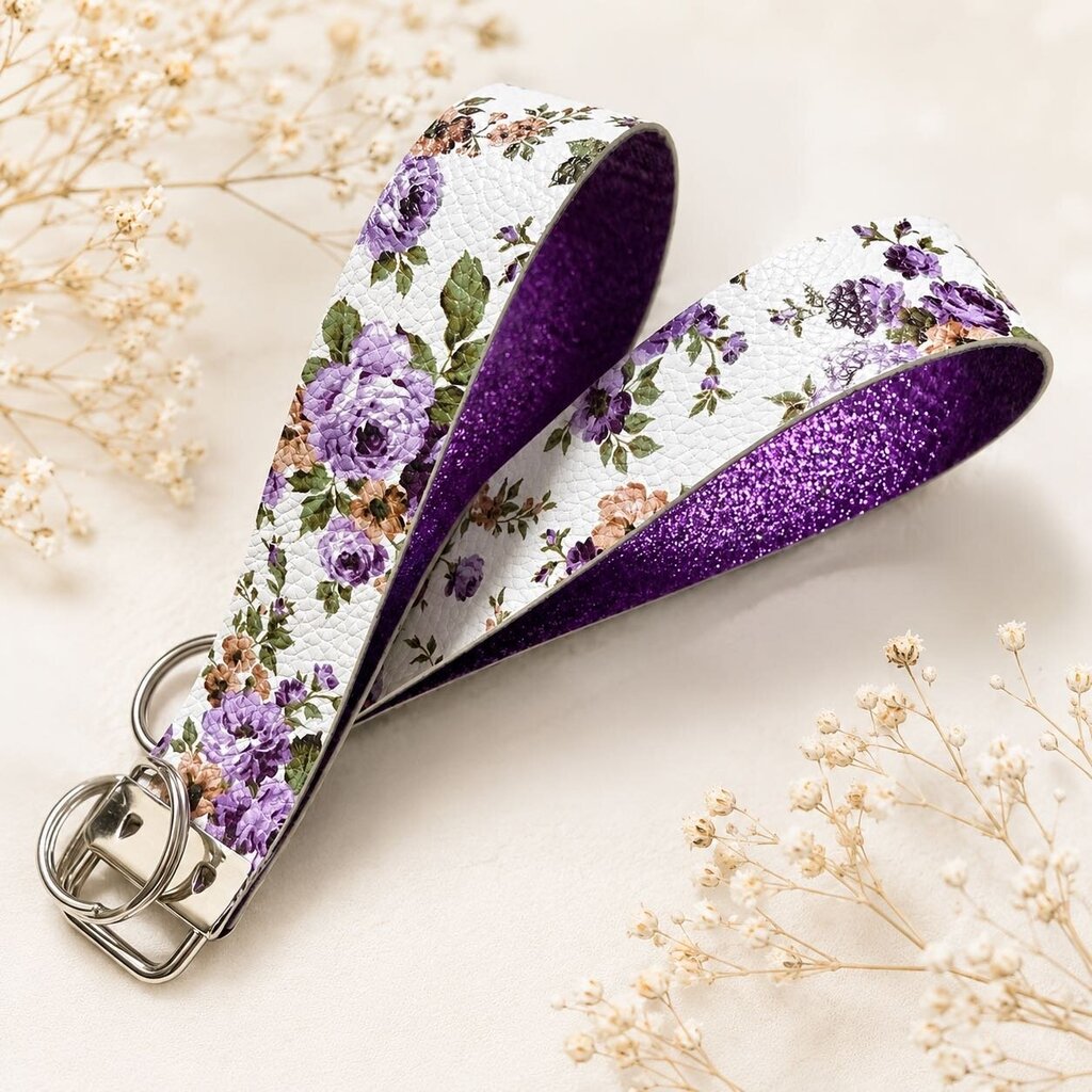 Keychain Fob- Floral Purple with Glitter