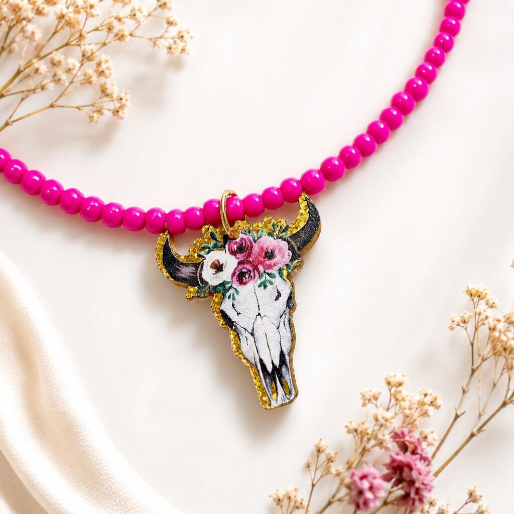 Necklace- bright pink seed bead with cow skull