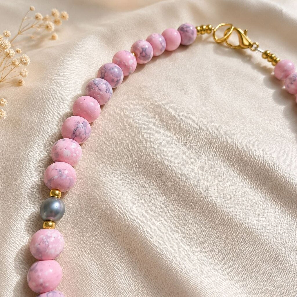 Rose Tide Necklace- matte marble pink with freshwater pearls
