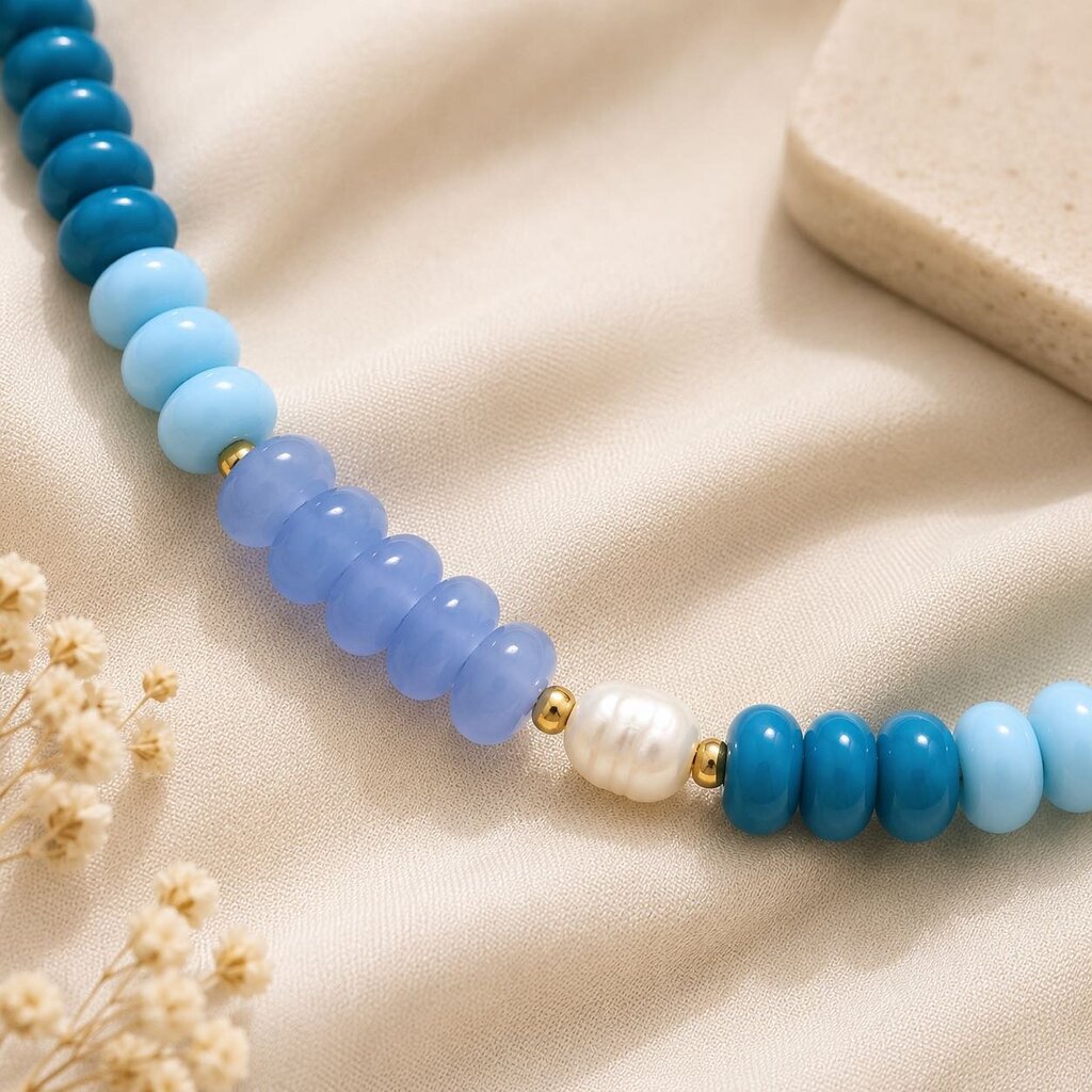 Blue lagoon Necklace- blue rondelles with freshwater pearls