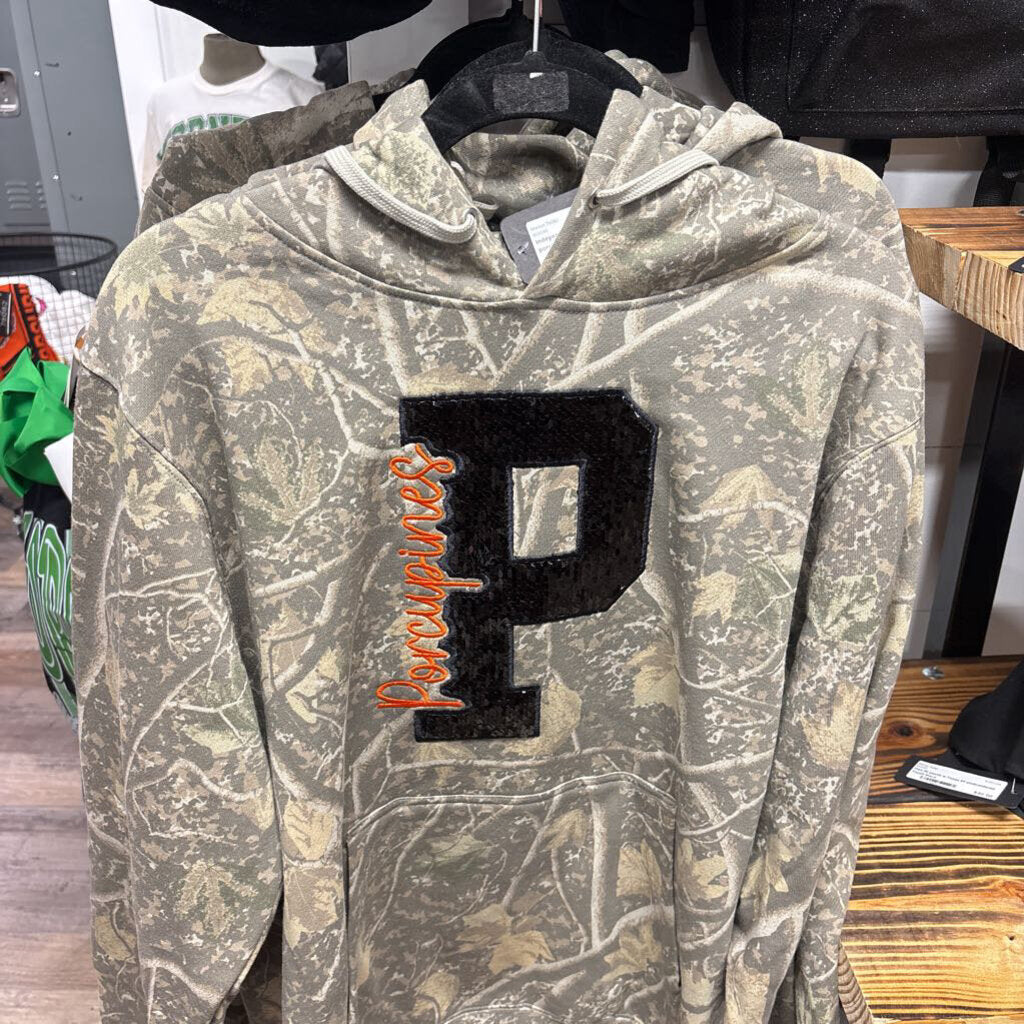 Independent camo hoodie w sequin black P and porcupines in orange applique