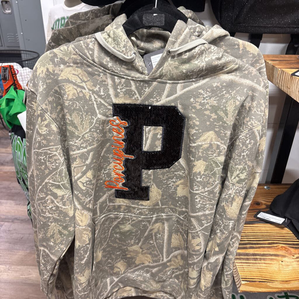 Independent camoHoodie w black sequin p porcupines applique