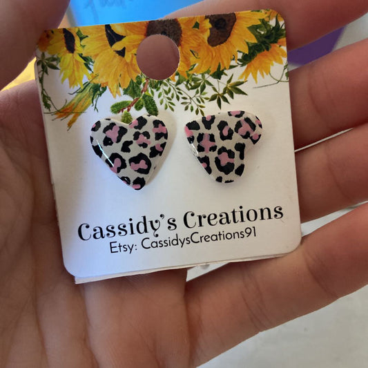 Pink Leopard Heart Studs