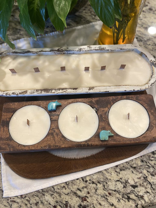 Triple Rustic Wood Soy Candle w/ Turquoise