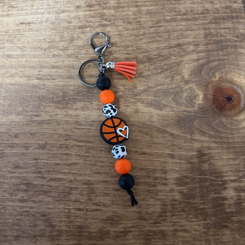 Springtown Keychain Basketball focal, cow print, orange black