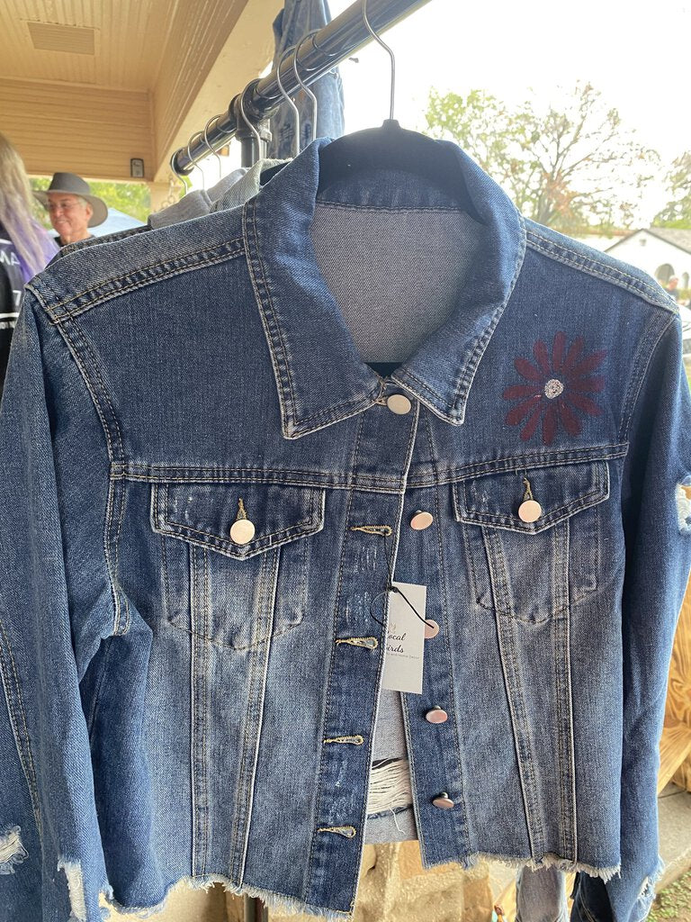 Jean Jacket Distressed w/ Pink & Green Flowers