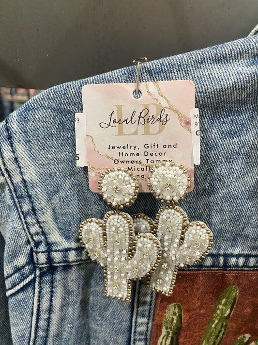 Cactus Beaded Earrings White