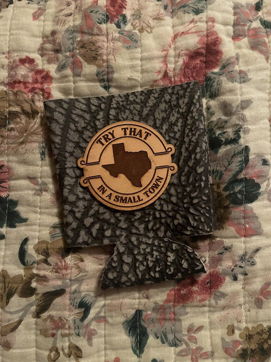 Cowhide Small Town Patch Wildebeest Leather Koozie