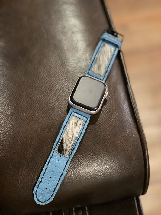 Teal Leather Apple Watch Band with Hair on Hide Inlay