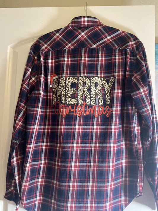 Shirt, Navy/Red Plaid, Merry Christmas