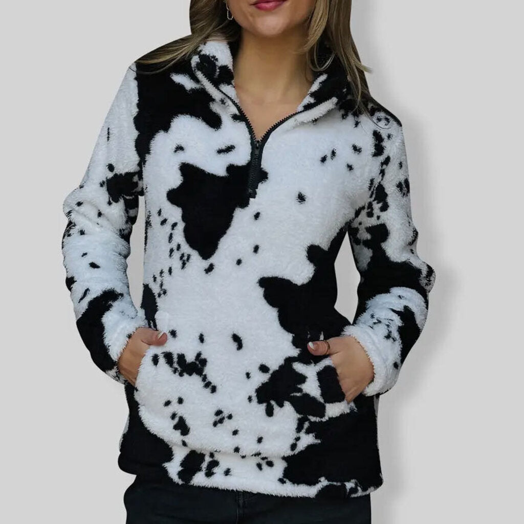 QUARTER ZIP COW PRINT