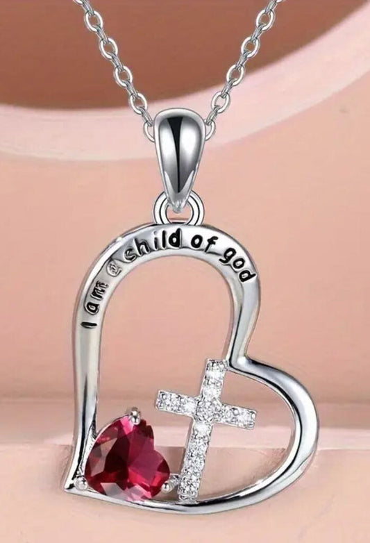 Necklace, White Gold Plated Red Heart/Cross