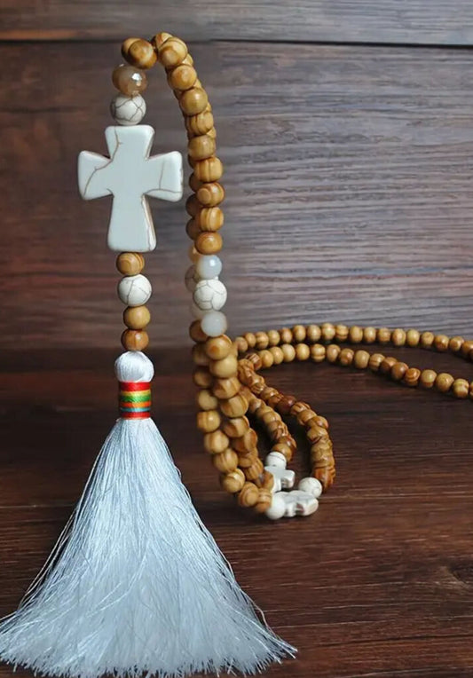 Necklace, Long Wooden Beads w/Cross/Tassel White