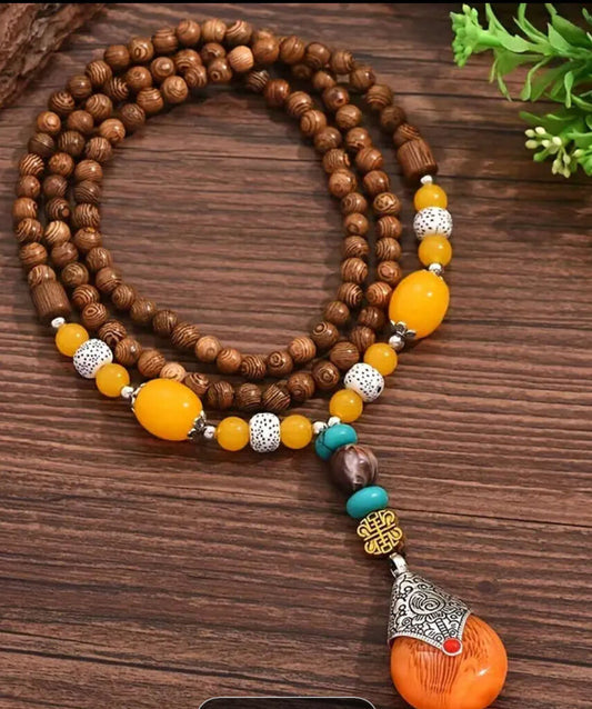 Necklace, Long Wood Beads W/ Orange Pend