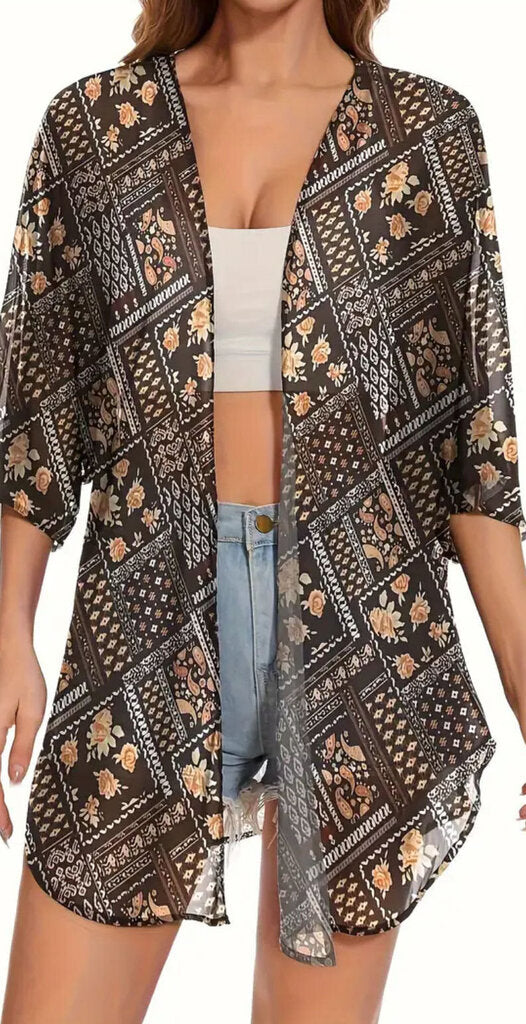 Kimono, Blouse Brown Floral Med