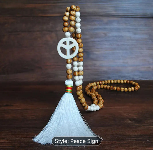 Necklace, Long Wooden Beads w/Peace & Tassel
