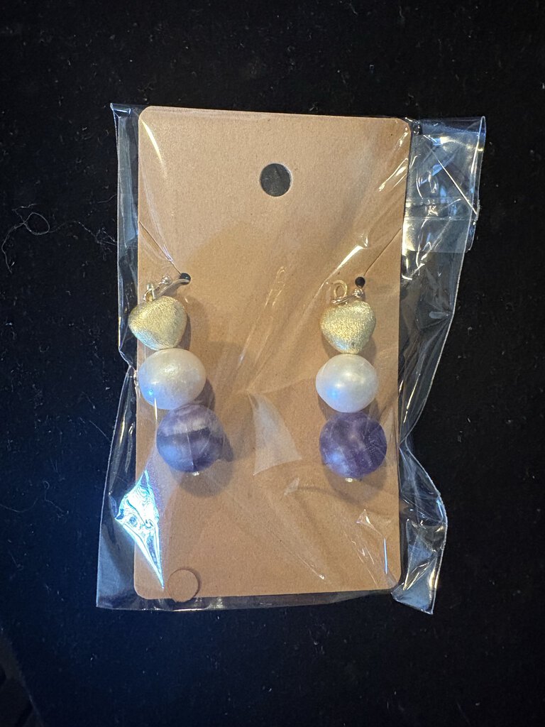 Earrings, Pearl/Heart/Purple Bead Drop
