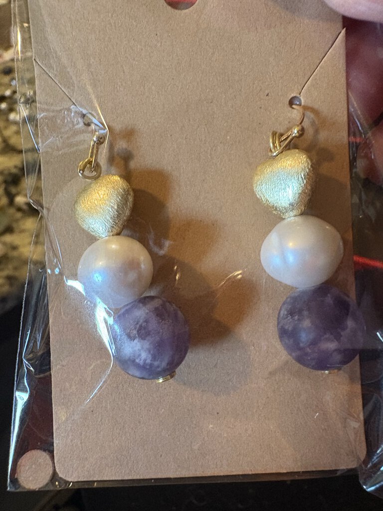 Earrings, Pearl/Heart/Purple Bead Drop