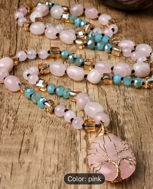 Necklace, Long Rose Quartz w/Tree