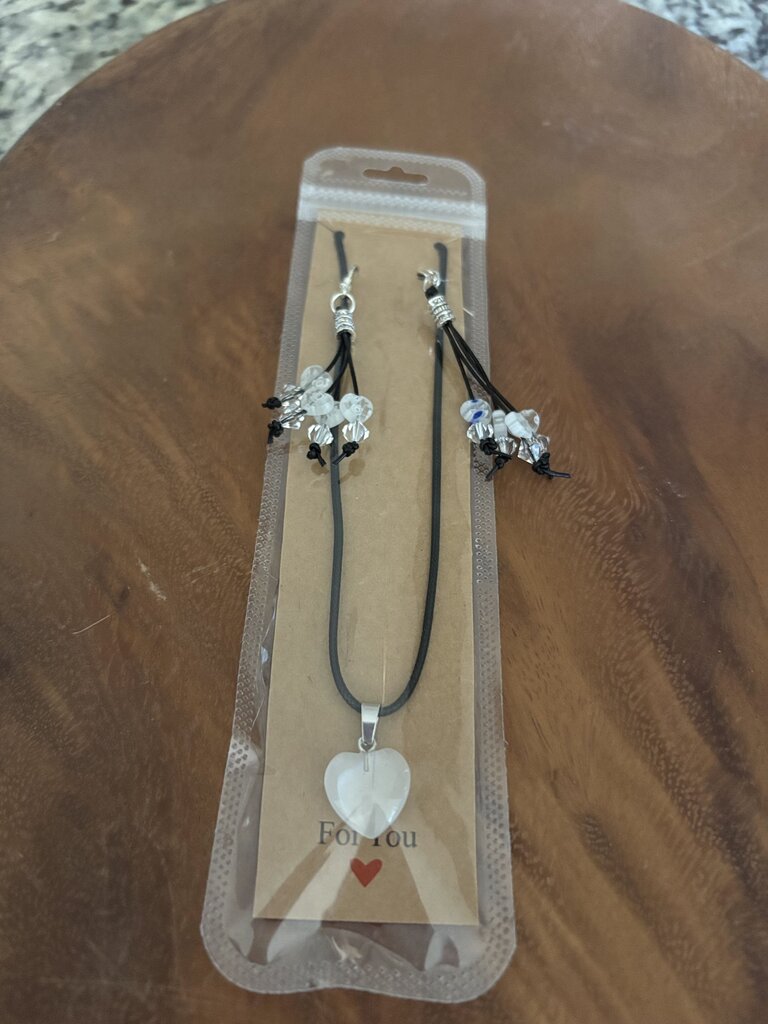 Necklace, crystal Heart White w/Earrings