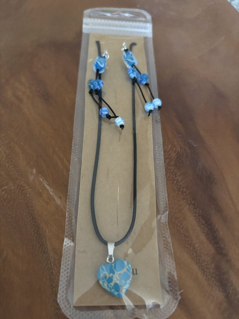 Necklace, Crystal Heart w/Earrings Turq