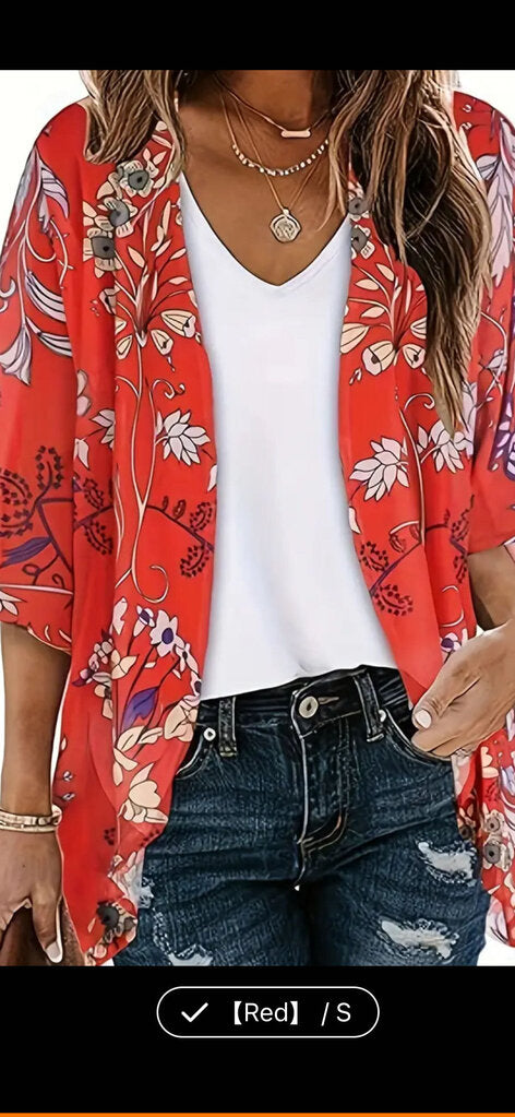 Kimono, Blouse Red Floral Medium