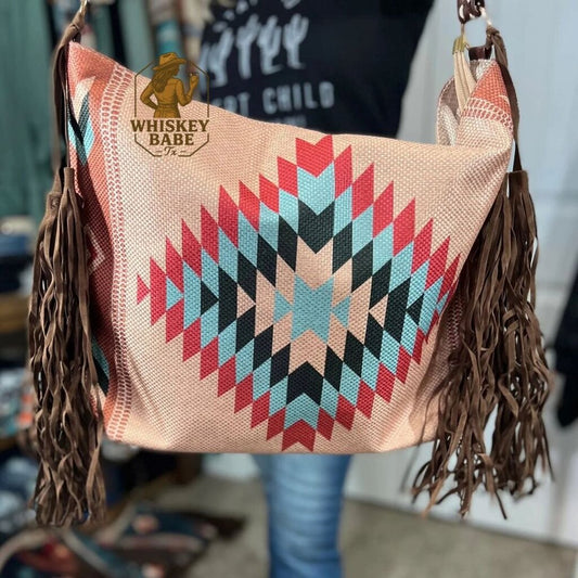 Tan Aztec Fringe Tote Bag
