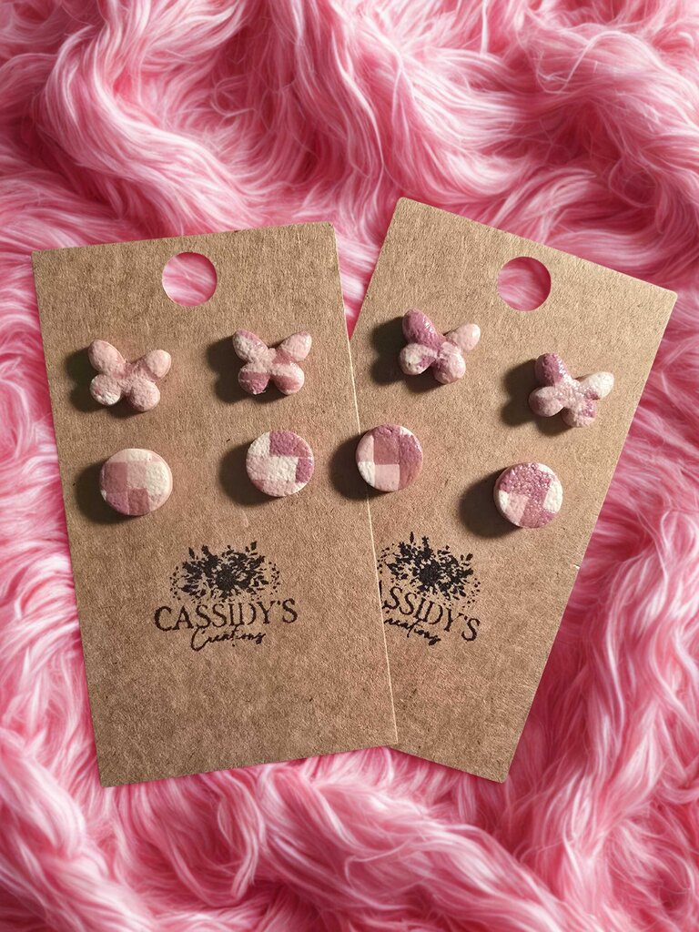 Pink Mrbl Butterfly Stud Pk