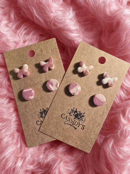 Pink Check Butterfly Stud Pk