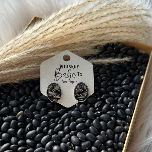 Saddleridge Silvertone Stud Earrings - Oval Boot Stitch