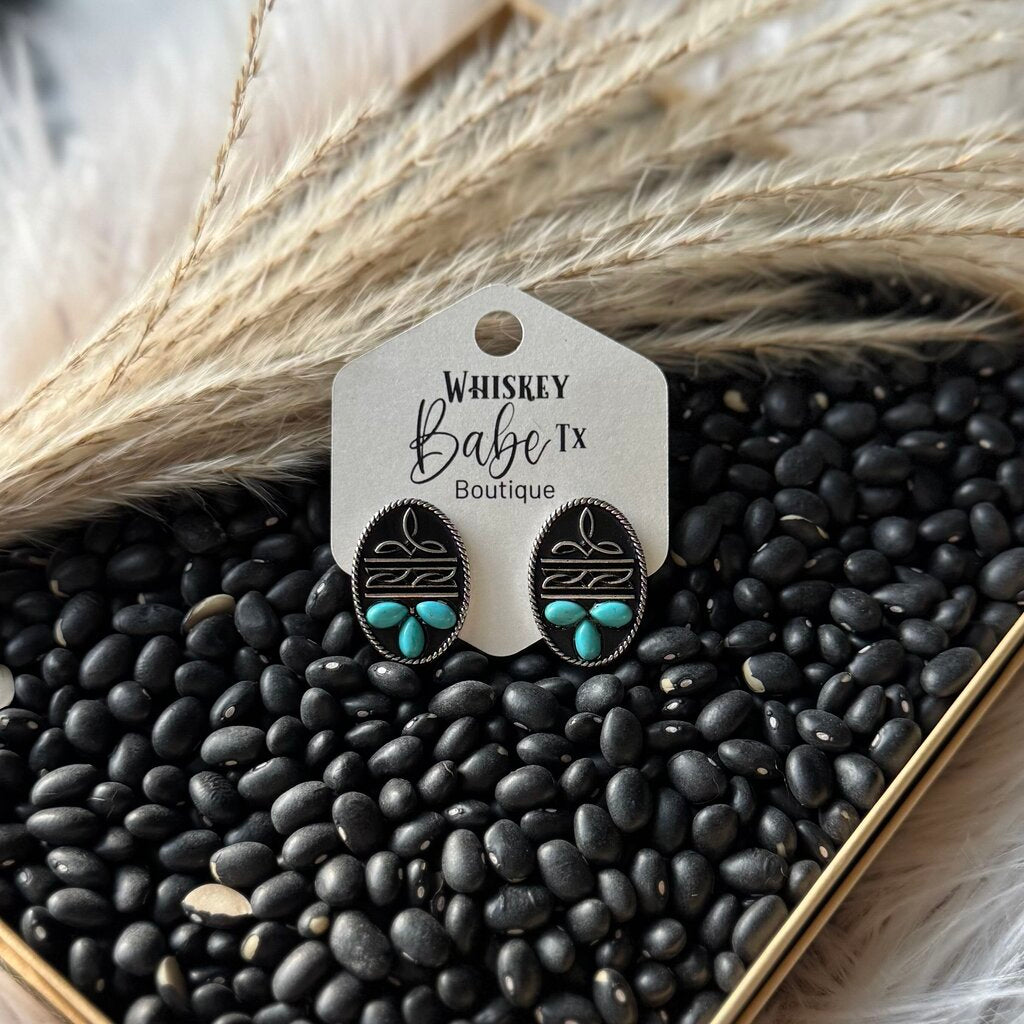 Saddleridge Silvertone Stud Earrings - Oval Turquoise Boot Stitch